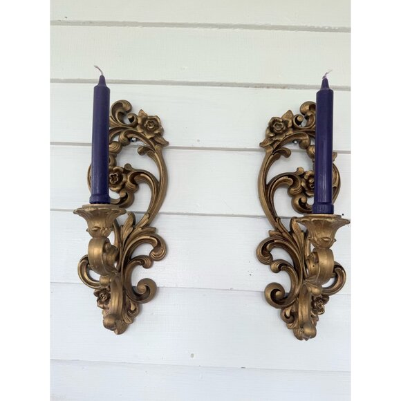 Vintage 70's Homco 2 Gold Plastic Wall Scrolling Plastic Candle Holder Sconces - Picture 1 of 15